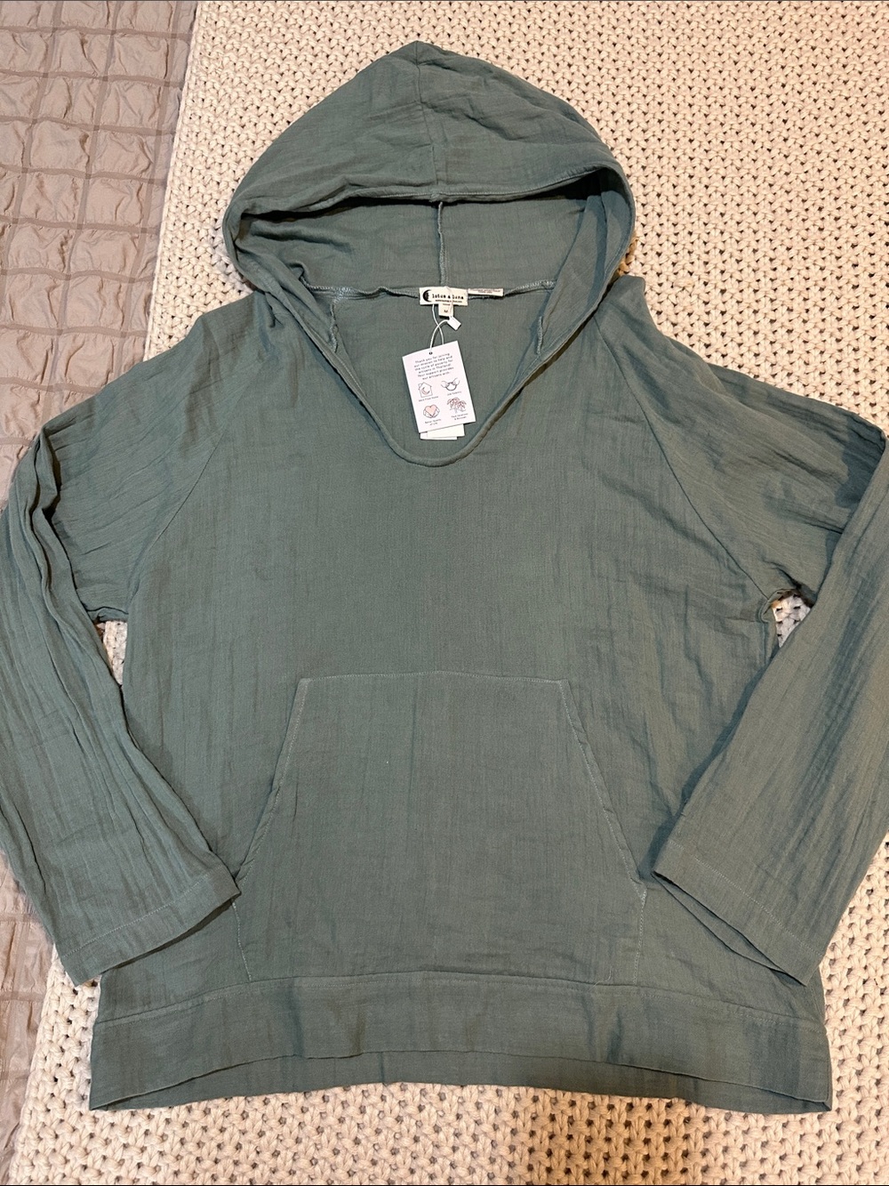 NWT Sage Green Cotton Gauze Hooded Pullover Tunic, M